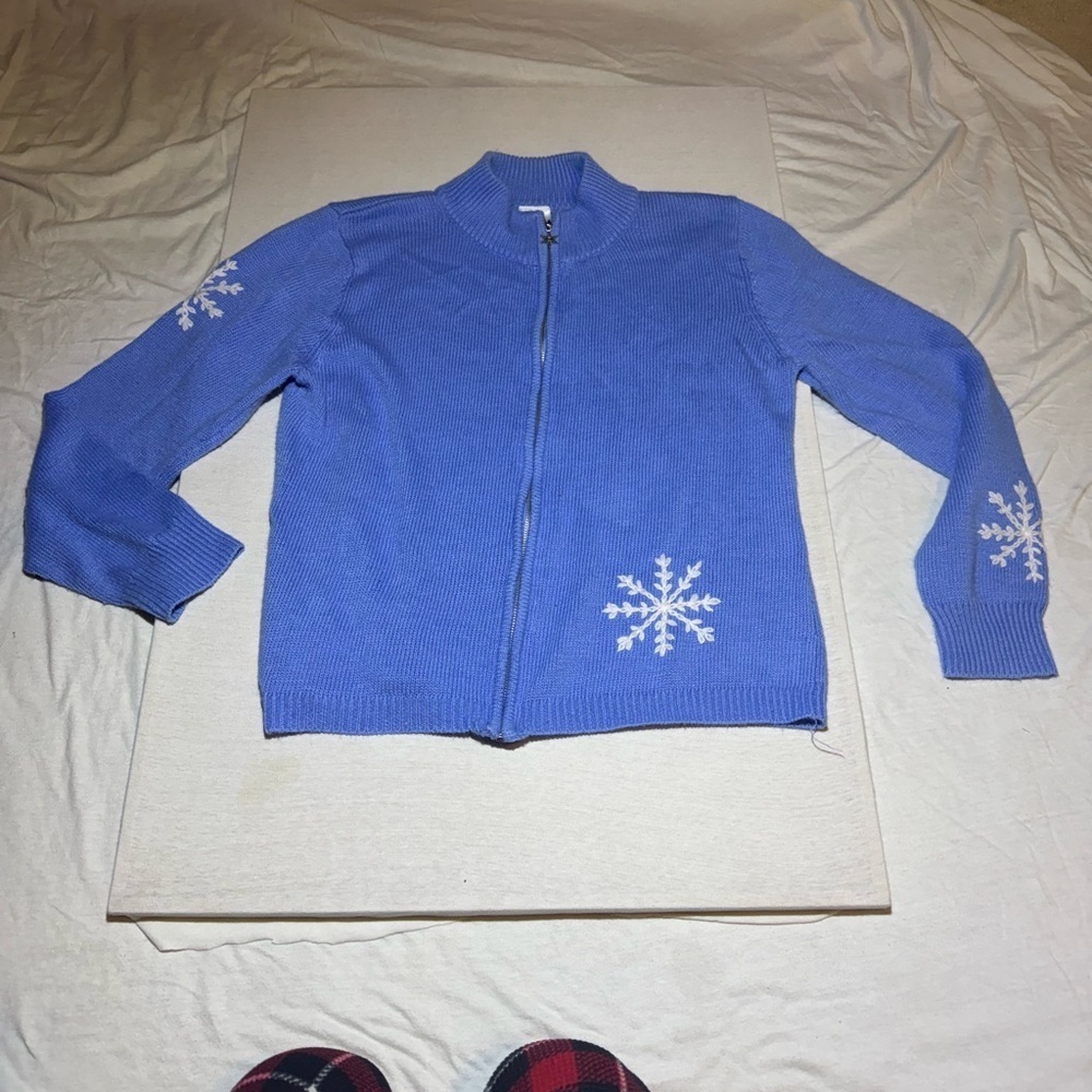 Blue Zip-Up Sweater with Snowflake Design